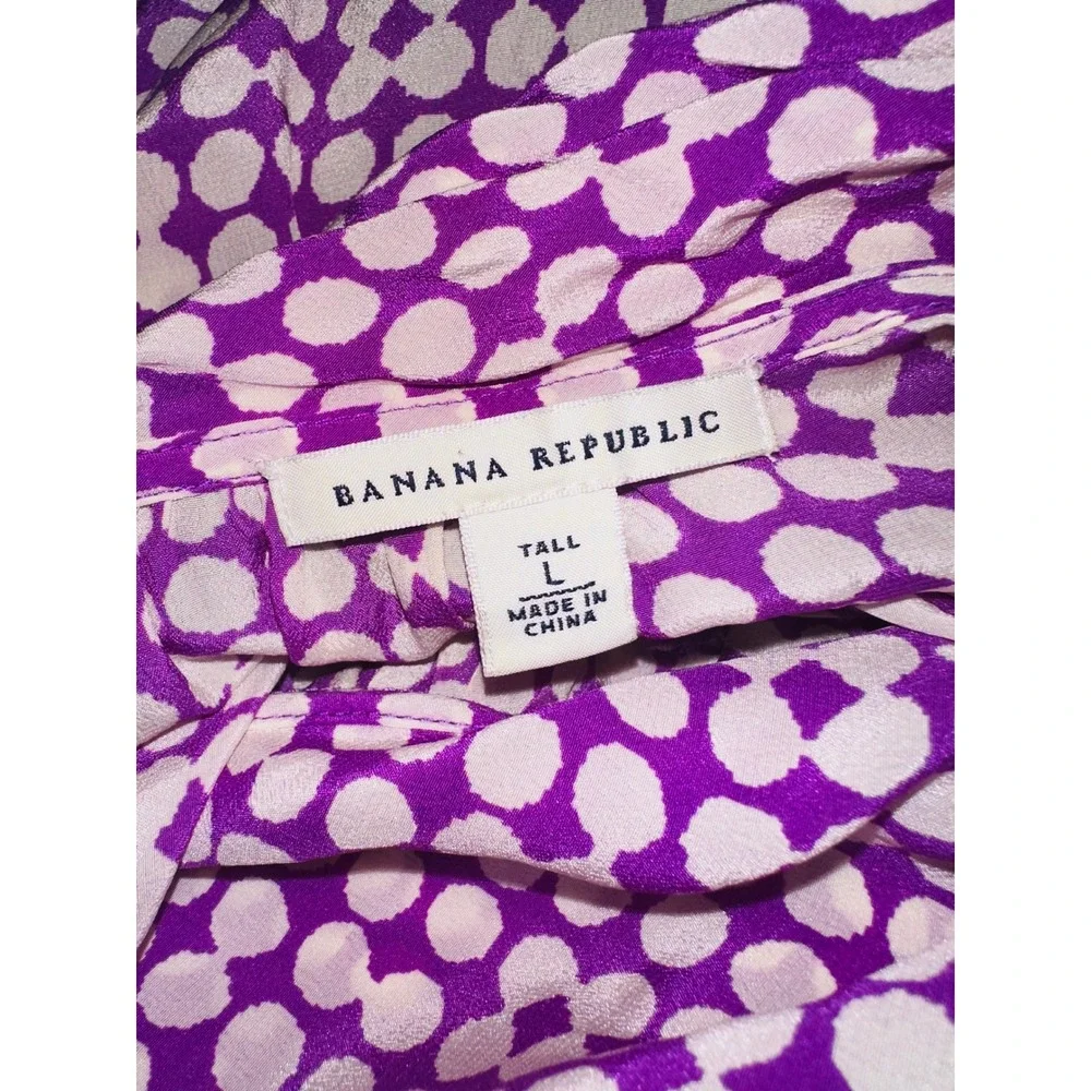 WB10‎ Banana Republic Polka Dot  Blouse Silk Top Women's Tall L Purple White
